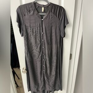 Eyelet, satin and knit hi-lo dress